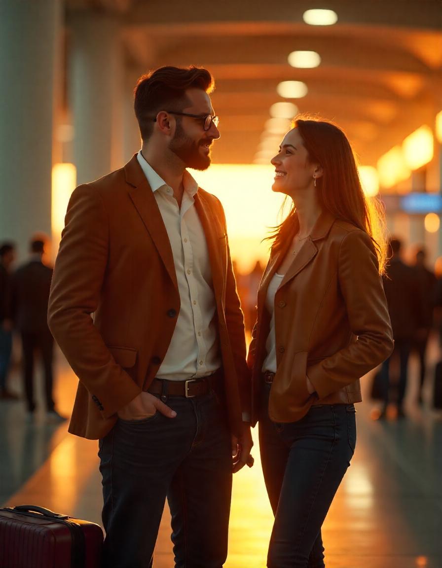 Sugar daddy com sugar babie no aeroporto se preparando para viajar, ela veste calça jeans e Jaquela e ele um blazer com camisa branca.